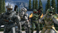 A winning team using various stances in Halo Infinite.
