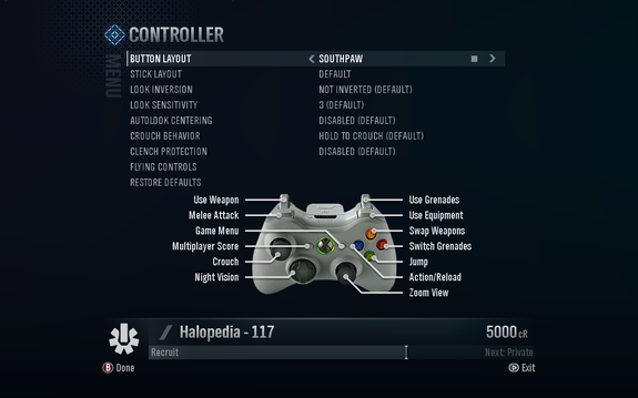 A screenshot of "Button Layout" set to "Southpaw" in the Halo: Reach settings menu.Behind the game pause menu is pitch black.Note: The screenshot was taken from the emulator Xenia.