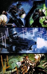 Page 12 of the Halo Graphic Novel story Breaking Quarantine, depicting Wallace Jenkins' struggle against a pod infector and Avery Johnson shooting it.