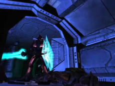A Sangheili Major with a sword and shield in the Halo E3 2000 trailer.