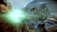 Frederic-104 charging up a plasma pistol in the final version of Halo 5: Guardians.