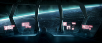 The bridge of a human ship in orbit over a Forerunner world in Halo 4's terminals.