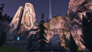 A view depicting one of Installation 04's many beacon towers in Halo: Combat Evolved Anniversary.