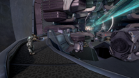 A Kig-Yar sniper targeting Flood combat forms during the Fall of High Charity in Halo 2: Anniversary.
