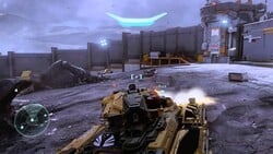 A third-person screenshot of a player driving a Corp M820 Scorpion on the level Glassed.