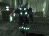 A Jiralhanae wearing power armor illuminated by VISR mode in Halo 3: ODST.