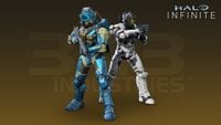 A Spartan-IV (left) wearing a GEN3 Security helmet in Halo Infinite.