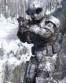 A Spartan-IV wearing the Talon helmet with a CNM(5)/BNR/FASCINATOR module attached to it on the map Cliffhanger in an exterior.
