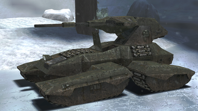 M808B Scorpion 030569 deployed in an icy ravine on Installation 04. From Halo: Combat Evolved campaign level Assault on the Control Room.