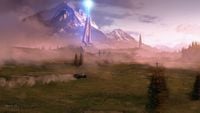 A beacon tower firing in a piece of concept art for the Halo Infinite announcement trailer.