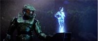 John-117 sets Cortana down on a holotank.