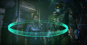 John-117 and The Pilot looking at a hologram of a destroyed Halo ring in the 2020 Gameplay premiere.