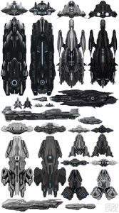 Various ancient human warships including a one class of cruiser