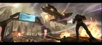 Concept art of John-117 fighting on the Kilindini Bridge in Halo 2: Anniversary.