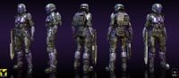 Turnaround reference of the ODST/DEMO armor for Halo: Fireteam Raven.