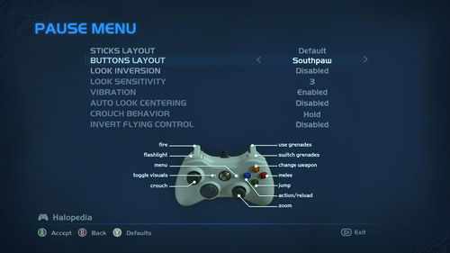 A screenshot of "Buttons Layout" set to "Southpaw" in the Halo: Combat Evolved Anniversary settings menu.Behind the game pause menu is pitch black.Note: The screenshot was taken from the emulator Xenia.