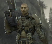 Sergeant John Forge with his MA5B held up, immediately after killing the infection forms attacking Ellen Anders.