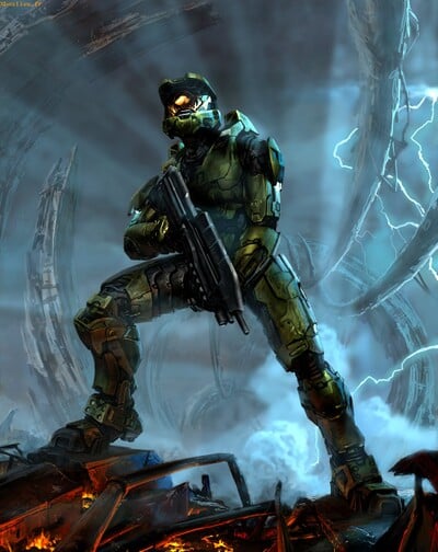 A Halo 2 concept piece later used as the cover art for Halo: The Great Journey - The Art of Building Worlds. Commentary from Eddie Smith confirming this here and here. Note that on his blog, he instead mistakenly refers to this as a Halo 3 piece.