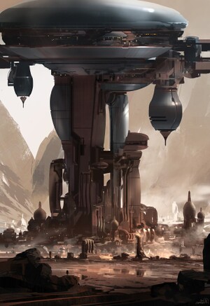 Concept art for Sanghelios. Later used to represent the Tower of Ghalod'n in Halo Mythos.