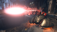 A Bolroci Workshop Wraith firing its heavy plasma mortar in Halo Infinite.