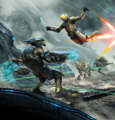 A Sangheili Minor using a plasma repeater against a SPARTAN-III in Halo Mythos.