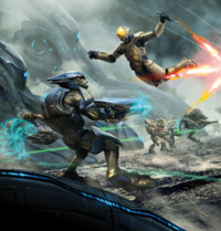 Cropped artwork of Alpha Company Spartan-IIIs fighting on K7-49 during Operation: PROMETHEUS.