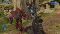 A Sangheili Minor, with a Major, attacking John-117 on Installation 05.