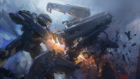 Cut concept of John-117 fighting Insurrectionist robots in Halo 5: Guardians.