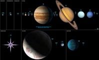 A size comparison between Threshold, Alpha Halo, Installation 00, Arcadia, Reach, Harvest and planets in the Solar System.