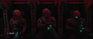 A UNSC Marine, Manuel Mendoza (middle), and Bisenti (right) aboard a D77 Pelican in Wallace Jenkins' helmet recording. Screenshot taken from Halo: Campaign Evolved campaign level 343 Guilty Spark.