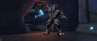 A Sangheili Zealot guarding the doorway leading into the Cartographer facility.