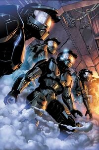 Halo: Blood Line image of 4 Spartans standing in a burning ship