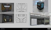 Concept art of various pieces of architecture on the map.