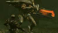 A Knight Lancer's lightblade with an axe-like silhouette in Halo 4.
