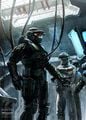 Concept art of John-117 undergoing armor diagnostics for Halo 3.