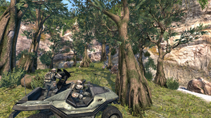 Two UNSC Marines attacking Covenant troops during the Battle of the Silent Cartographer. From Halo: Combat Evolved Anniversary campaign level The Silent Cartographer.