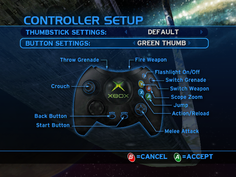 A screenshot of "Buttons Settings" set to "Green Thumb" in the Halo: Combat Evolved (Revision 2)  settings menu.Note: The screenshot was taken from the emulator Xemu.