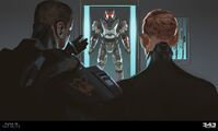 Concept art for Halo Infinite of a Spartan-IV receiving their armor.