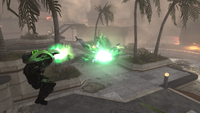 An ODST firing a fuel rod gun at Jiralhanae Stalkers.