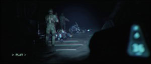 A UNSC Marines and Avery Johnson investigating dead Sangheili Minors in the Installation 04 Flood containment facility, as seen in Wallace Jenkins' helmet recording. Screenshot taken from Halo: Campaign Evolved campaign level 343 Guilty Spark.