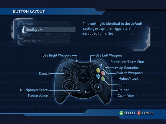 A screenshot of "Button Layout" set to "Southpaw" in the Halo 2 (Xbox) (USA, Europe) settings menu.Note: The screenshot was taken from the emulator Xemu.