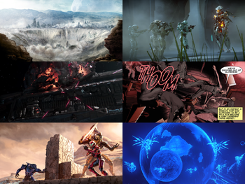 A multimedia collage of the Created uprising. Images used starting from top left going clockwise: :File:HtT - Conrad's Point crater.jpg, :File:H5G-Blue Team and Warden.png, :File:H5G Reclaimation.PNG, :File:HOut CoverArt.jpg, :File:HINF Doisac.png, and :File:HINF- Infinity rammed.png.