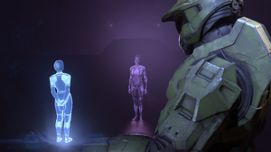 John-117 and the Weapon looking at a recording of Cortana in the Silent Auditorium. From Halo Infinite campaign level Silent Auditorium.