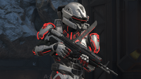 A Spartan wearing the base Chimera helmet with various attachments on Cliffhanger.