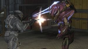 NOBLE Team's SPARTAN-B312 fighting a Sangheili Field Marshal at Platform Delta in the Asźod ship breaking yards during Battle of Asźod. From Halo: Reach campaign level The Pillar of Autumn.