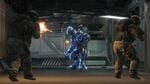 Two Army troopers firing upon an Officer as it is being assassinated by SPARTAN-B312.