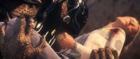 An unconscious Halsey in the arms of a Sangheili Storm.