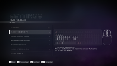 Screenshot of the "Lower Weapon" map in the mouse and keyboard on-foot settings menu exclusively included in Halo 5: Forge (PC).