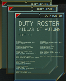 The duty roster on the bulletin board on UNSC Pillar of Autumn. Screenshot taken from Halo: Campaign Evolved campaign level The Pillar of Autumn.