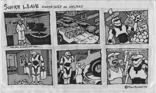 A scan from Paul Russel of his comic Shore Leave, featured in the Halo Graphic Novel.